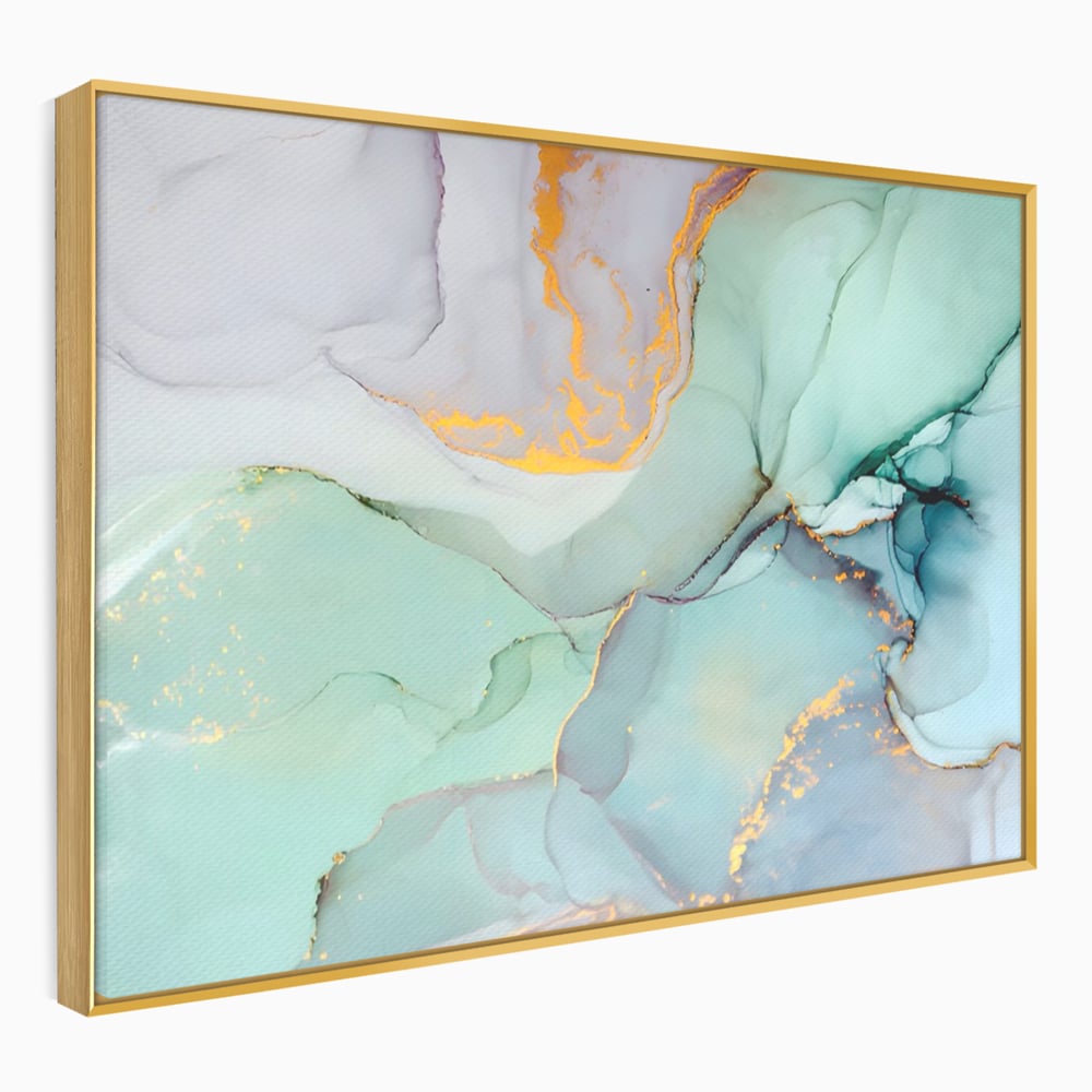 Tablou canvas cu pictura abstracta cu efect de marmura colorata, in rama de aluminiu auriu